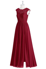 Homecoming Dress 2036, Red Lace Cap Sleeve A-Line Long Bridesmaid Dress