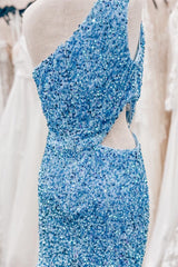 Fancy Outfit, Sky Blue One Shoulder Sequins Sheath Cut-Out Homecoming Dress