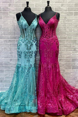 Formal Dresses For Woman, Fuchsia Mermaid Sequined Embroidery Tulle Long Prom Dress