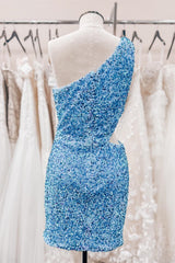 Prom 2039, Sky Blue One Shoulder Sequins Sheath Cut-Out Homecoming Dress