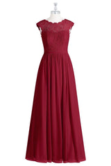 Homecoming Dresses Websites, Red Lace Cap Sleeve A-Line Long Bridesmaid Dress
