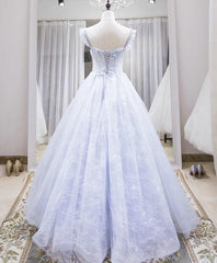 Party Dresses Ideas, Light Blue Tulle Lace Long Prom Dress, Blue Evening Dress