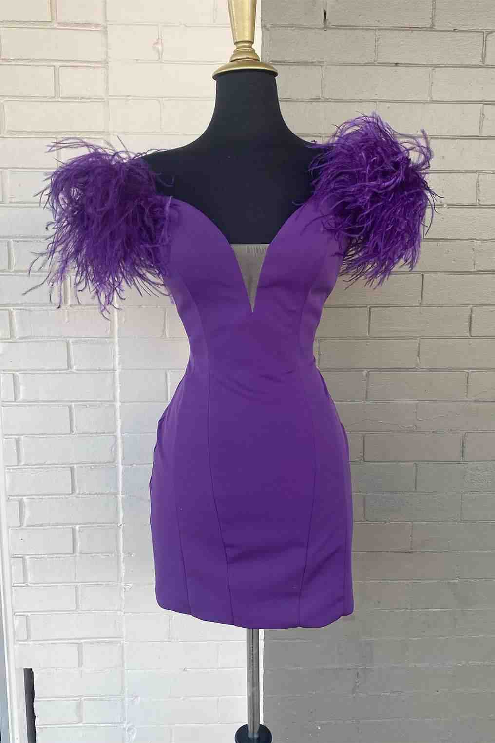 Hoco, Fitted Feather Shoulder Blue Tight Homecoming Dress