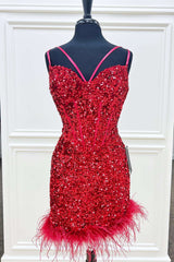 Formal Dress Store Near Me, Feathers Red Sequin Straps Bodycon Short Homecoming Dress