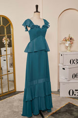 Party Dress A Line, Teal Flaunt Sleeves A-line Layers Long Bridesmaid Dress