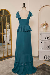 Party Dresses And Tops, Teal Flaunt Sleeves A-line Layers Long Bridesmaid Dress