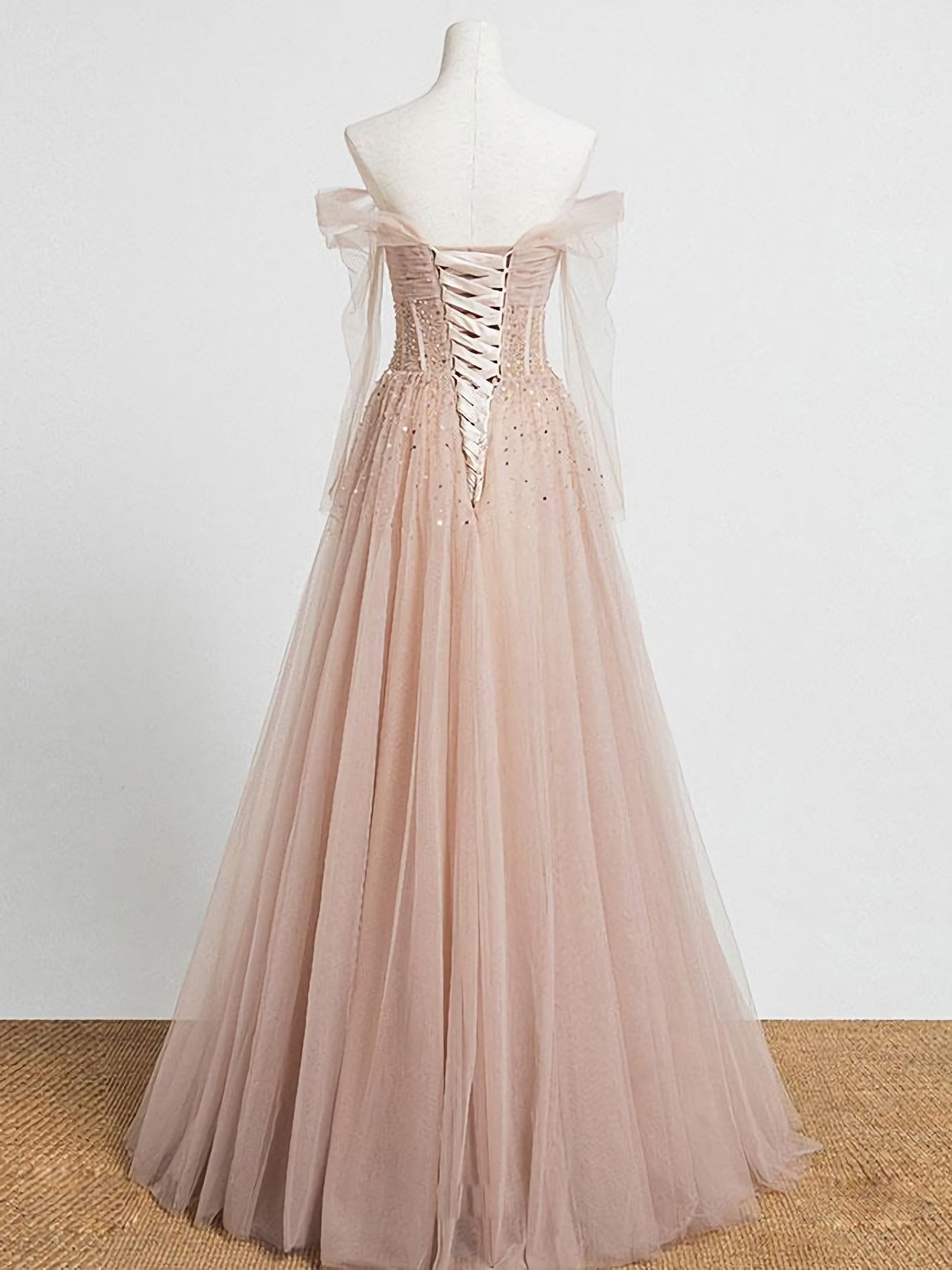 Prom Outfit, Champagne Pink Tulle Beads Long Prom Dress, Champagne Evening Dress