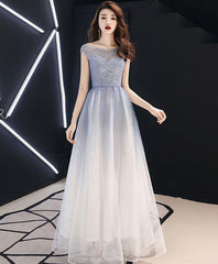 Bridesmaid Dress Blushes, Blue Round Neck Tulle Long Prom Dress, Blue Tulle Evening Dress