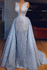 Prom Dresses Tight, Elegant Blue Lace Sleeveless Deep V Neck Prom Dresses Party Dresses