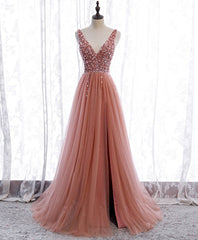 Flower Dress, Pink V Neck Tulle Sequin Long Prom Dress, Pink Formal Dress