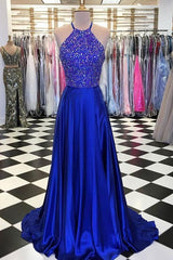 Evening Dress Cheap, blue a line beads long prom dress blue evening dress