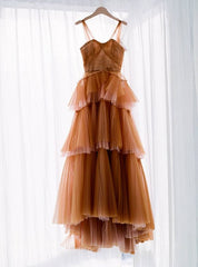 Formals Dresses Long, Brown tulle long prom dress, evening dress