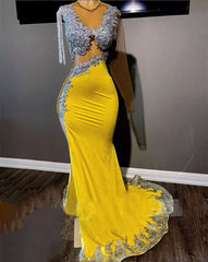 Formal Dress For Winter, Sexy Yellow Prom Dresses Luxury for Black Girl Mermaid Illusion Bead Long Sleeve Tassel Evening Gowns