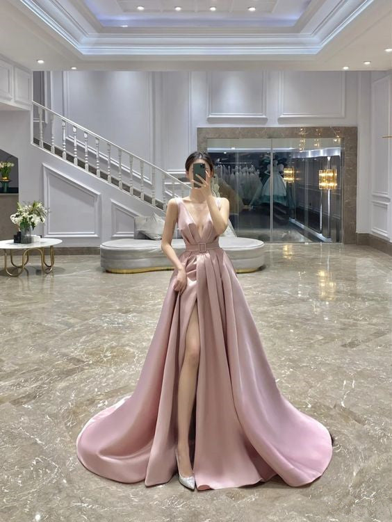 Formal Dresses For Wedding, Pink A-Line Long Prom Dresses Evening Dresses