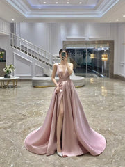 Formal Dresses For Wedding, Pink A-Line Long Prom Dresses Evening Dresses