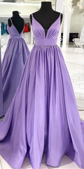 Straps V Neck Satin Maxi Prom Dress Lavendel Formell kveldskjole