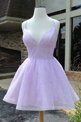 Evening Dress Boutique, Purple V-Neck Tulle Short Prom Dresses, A-Line Mini Party Dresses