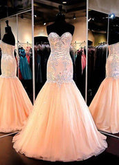 Prom Dresses For Girls, Floor-Length/Long Mermaid/Trumpet Sweetheart Tulle Prom Dresses