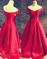 Prom Dress For Short Girl, 2024 Gorgeous Red Floor-Length/Long A-Line/Princess Off-the-Shoulder Lace Up Satin Prom Dresses