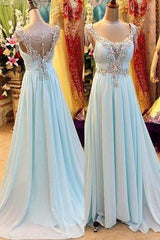 Prom Dress Designer, A-Line/Princess V-Neck Sleeveless Sweep/Brush Train Chiffon 2024 Blue Prom Dresses