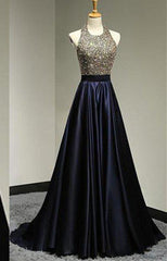Prom Dresses Gowns, Halter Beading Backless Sweep Train A-Line/Princess Satin Prom Dresses