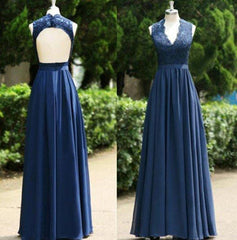 Prom Dresses Inspired, 2024 Blue Floor-Length/Long A-Line/Princess Backless Lace V-Neck Chiffon Prom Dresses