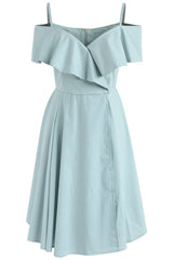 Bridesmaid Dress Long Sleeves, Mint Cold-Shoulder Ruffled A-Line Short Dress
