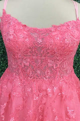 Party Dress Long Sleeve Maxi, Hot Pink Floral Lace Backless A-Line Prom Dress
