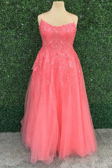 Party Dresses, Hot Pink Floral Lace Backless A-Line Prom Dress