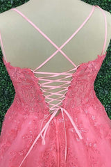 Prom Dress 2040, Hot Pink Floral Lace Backless A-Line Prom Dress