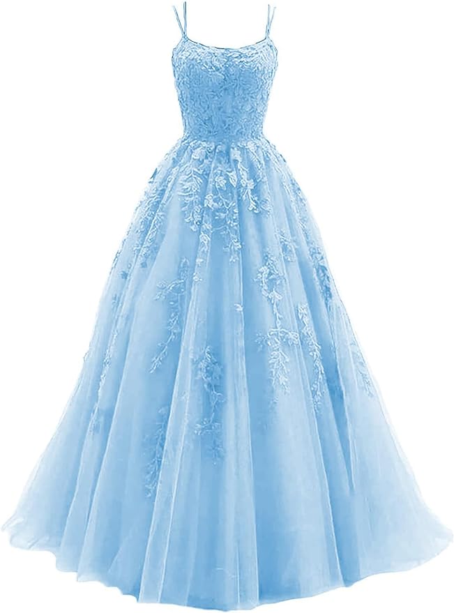 Women's Lace Appliques Prom Dresses Long Spaghetti Strap Ball Gowns Tulle Formal Dress for Party