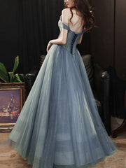 Bridesmaid Dresses Photos Gallery, A Line Sweetheart Neck Gray Blue Tulle Long Prom Dress, Blue Evening Dress