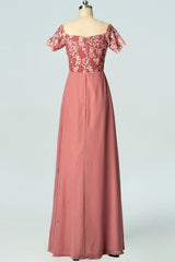 Evening Dress For Sale, Dusty Rose Square Neck Short Sleeve Long Bridesmaid Dress