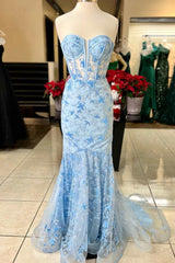 Long Sleeve Dress, Light Blue Lace Sweetheart Trumpet Long Prom Dress
