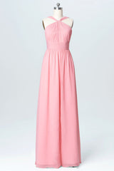 Prom Dresses Curvy, Pink Chiffon Halter Backless A-Line Long Bridesmaid Dress