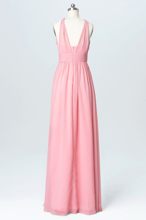 Prom Dress Curvy, Pink Chiffon Halter Backless A-Line Long Bridesmaid Dress