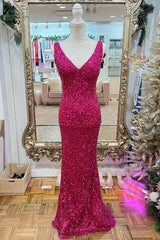 Bridesmaid Dress Black, Magenta Sequin V-Neck Mermaid Long Prom Dress