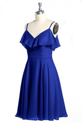 Dress To Impression, Royal Blue Spaghetti Straps Ruffled A-Line Short Bridesmaid Dress
