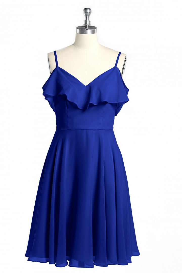 Short Dress Style, Royal Blue Spaghetti Straps Ruffled A-Line Short Bridesmaid Dress