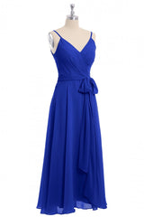 Dance Dress, Royal Blue V-Neck Spaghetti Straps Tea-Length Bridesmaid Dress