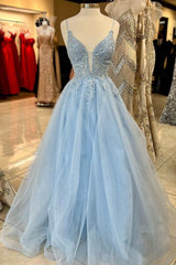 Green Bridesmaid Dress, Light Blue Tulle Lace Plunge Neck A-Line Prom Dress