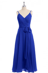 Sparklie Prom Dress, Royal Blue V-Neck Spaghetti Straps Tea-Length Bridesmaid Dress