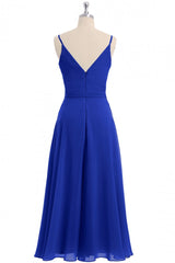Plu Size Prom Dress, Royal Blue V-Neck Spaghetti Straps Tea-Length Bridesmaid Dress
