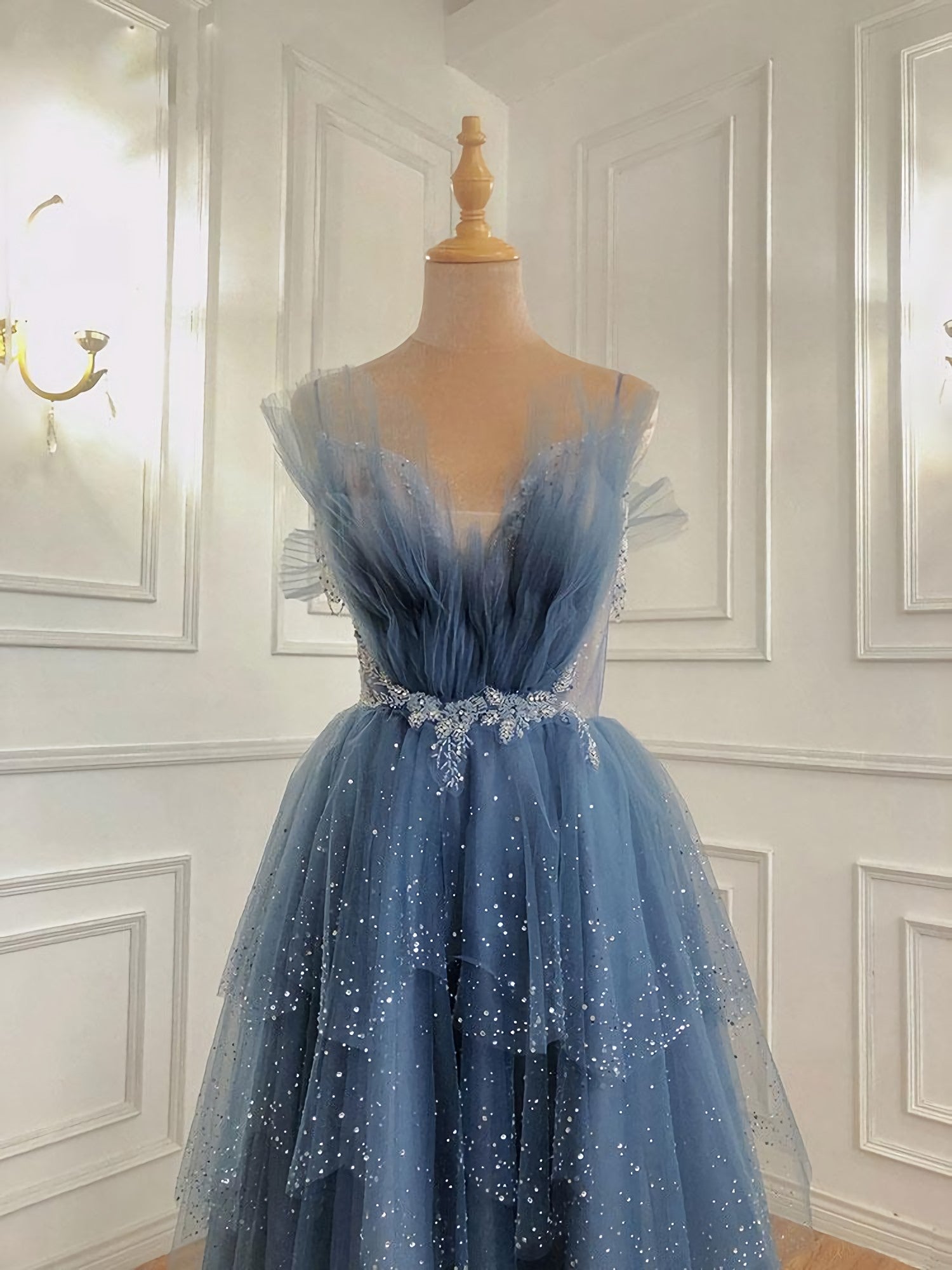 Party Dresses Mini, Gray Blue Tulle Beads Long Prom Dress, Blue Tulle Formal Dress