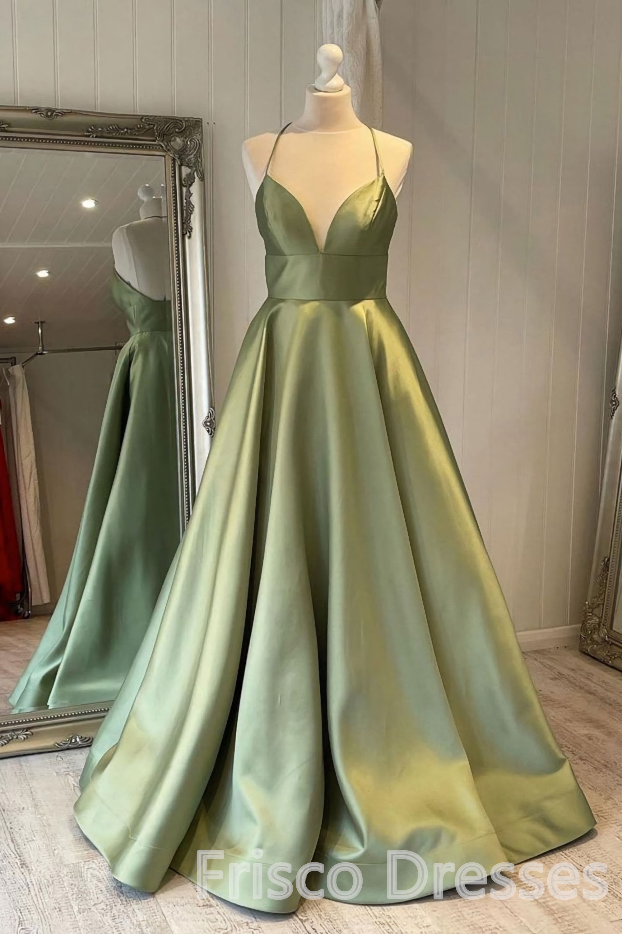 Long Dress Design, Green Simple A Line Satin Spaghetti Straps Long Prom Dresses
