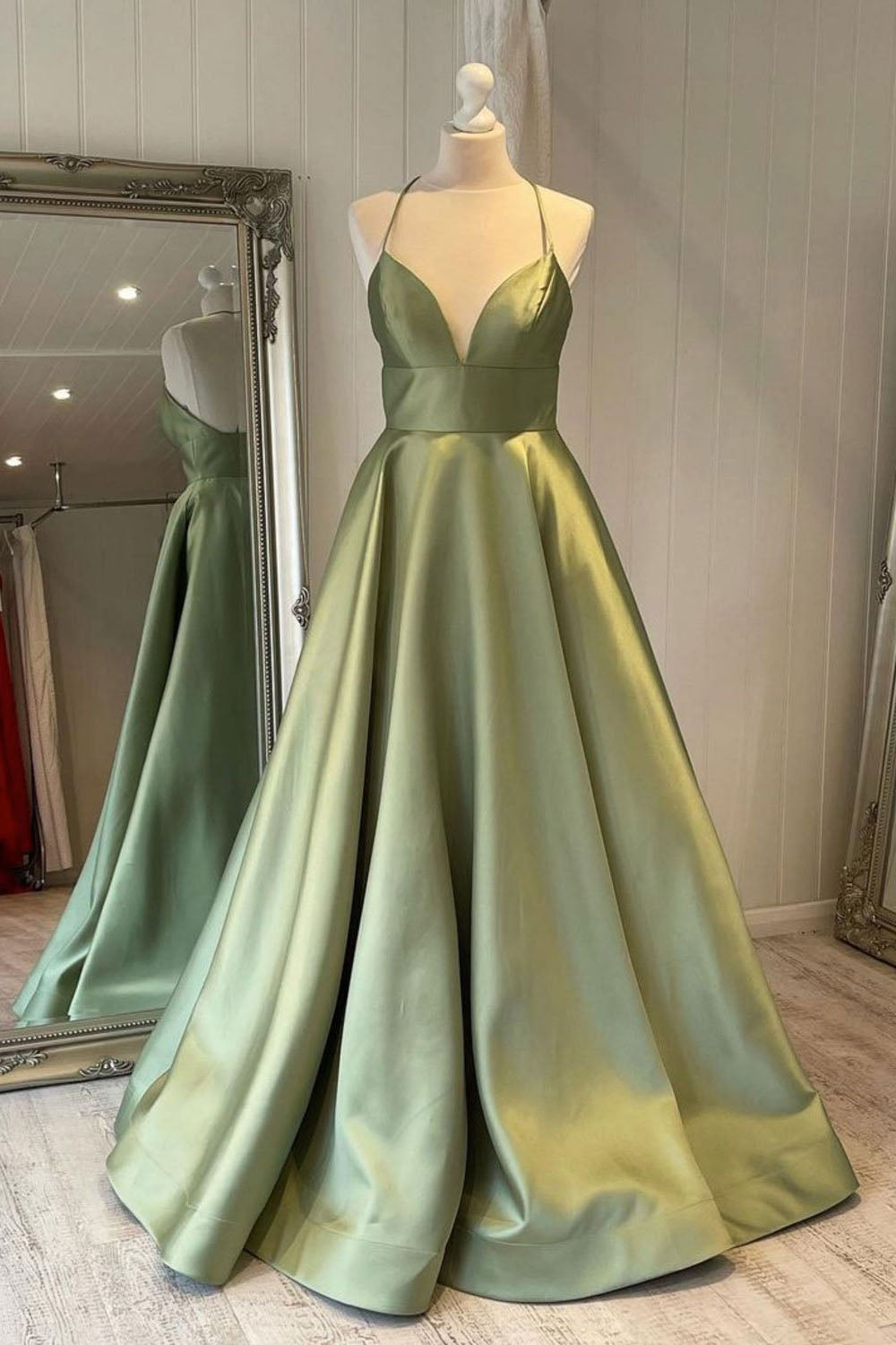 Evening Dress Style, Green Simple A Line Satin Spaghetti Straps Long Prom Dresses