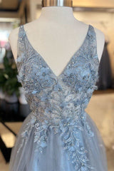 Formal Dress Cheap, Fairy-Tale 3D Floral Lace V-Neck A-Line Prom Dress