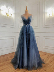 Party Dresses For Short Ladies, Gray Blue Tulle Beads Long Prom Dress, Blue Tulle Formal Dress