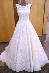 Wedding Dresses Lace Simple, Chic Round Neck Open Back A Line Sleeveless Lace Appliques Wedding Dresses