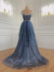 Party Dress For Cocktail, Gray Blue Tulle Beads Long Prom Dress, Blue Tulle Formal Dress